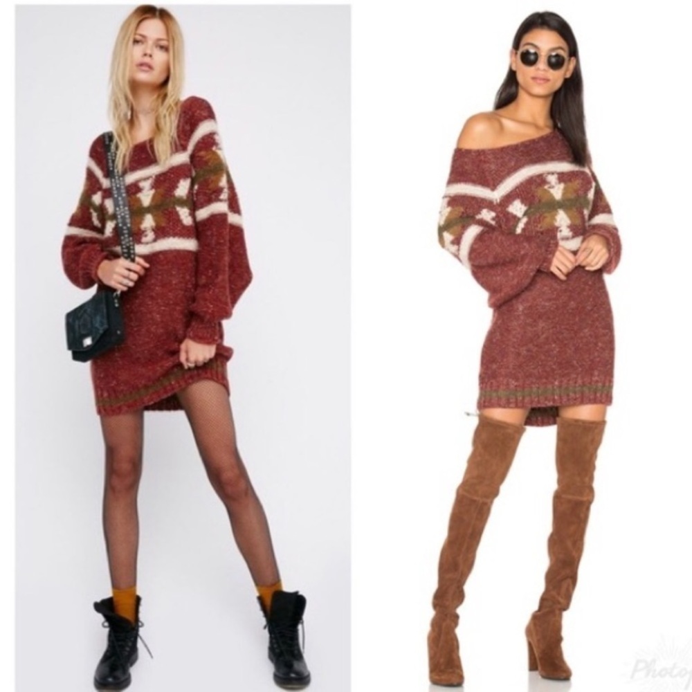 Free People Northern Lights Sweater Mini Dress Wool Blend Knit Rust Red Size M - Picture 3 of 16